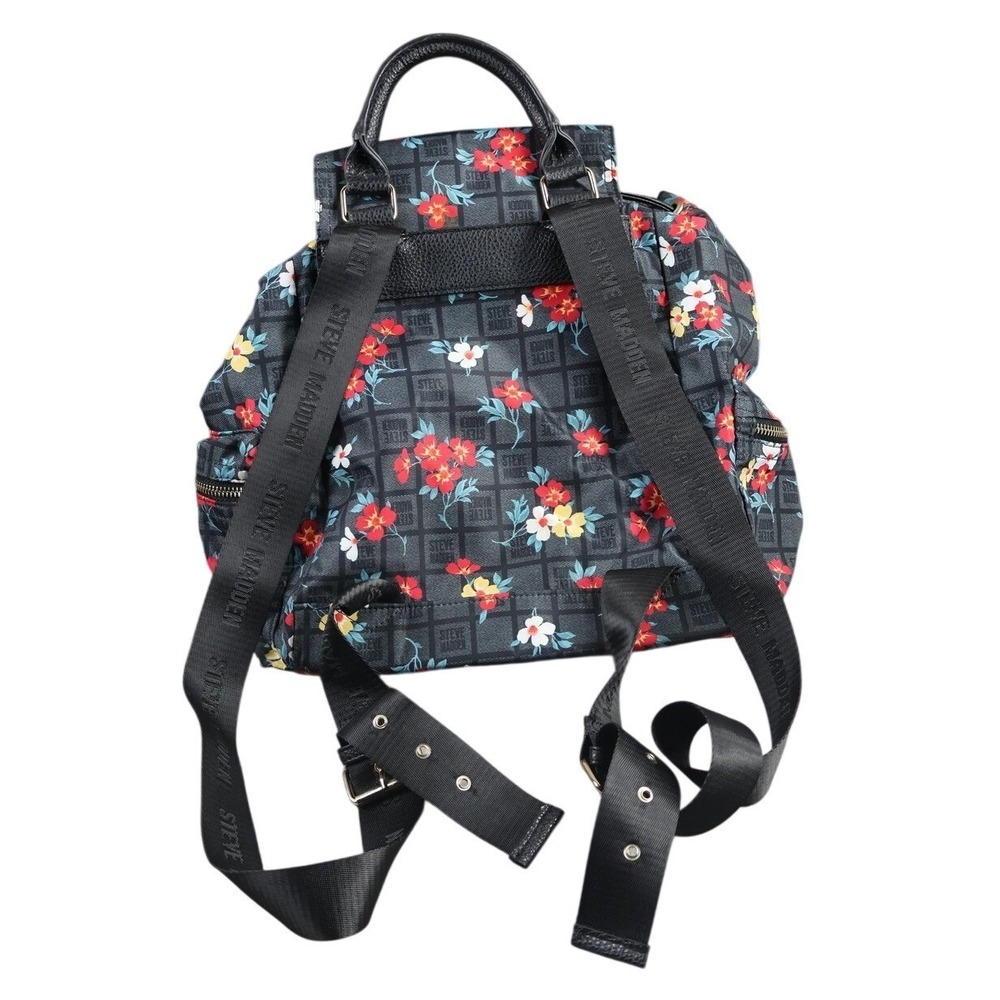 Steve Madden Backpack Womens Medium‎ Black Floral Print Drawstring Gold Hardware